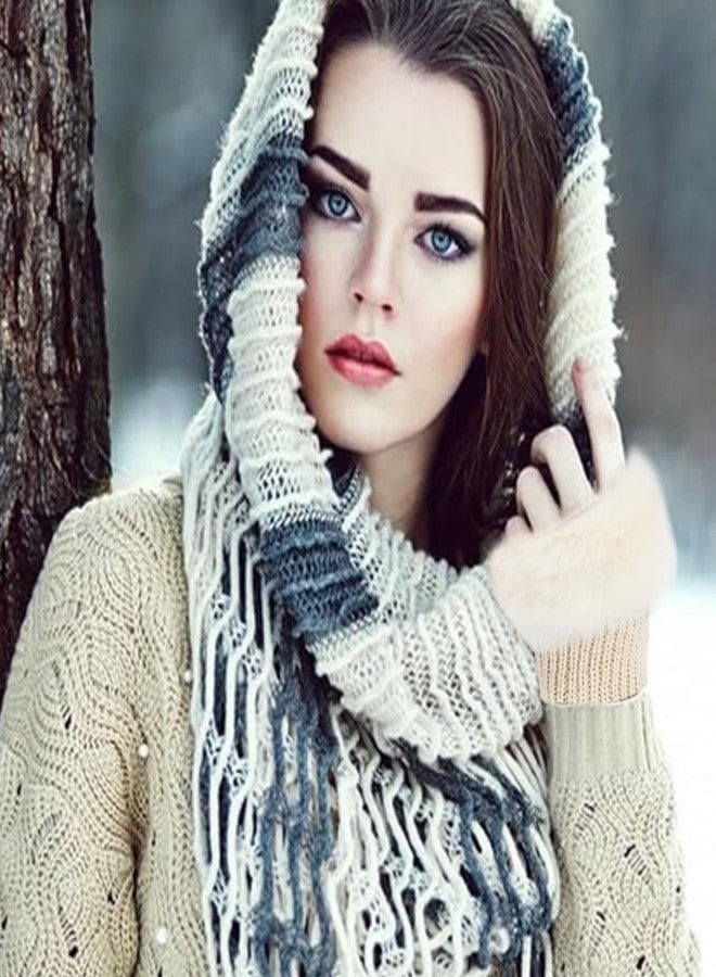 CABODYALS 2 Pairs White Furry Fingerless Gloves Soft Fluffy Thumb Hole Beige Knit Gloves Winter Knitted Crochet Arm Warmers Sleeves Faux Fur Knitting Wrist Hand Mittens Short Cuff for Women Driving - Image 4